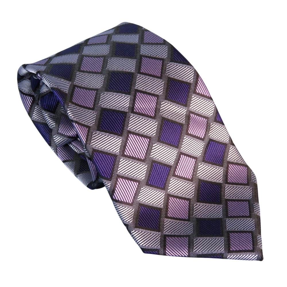 BORRELLI Hand Stitched MEN'S NECK TIE Purple Gray Diamond Print POLYESTER WOVEN